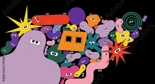 A whimsical digital illustration of a diverse collective of colorful, cartoonish blobs and funny creatures gathering together