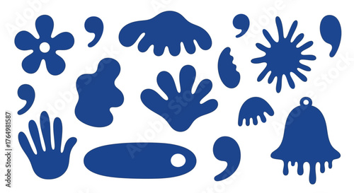 Modern collection of abstract blue organic shapes, featuring fluid blobs, hand and flower forms, and decorative graphic elements for creative projects