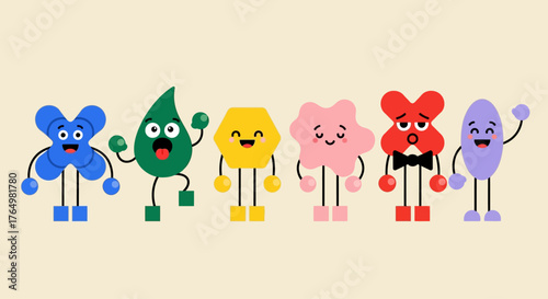 A diverse collection of cute cartoon characters with colorful geometric shapes and various expressive emotions standing in a friendly group