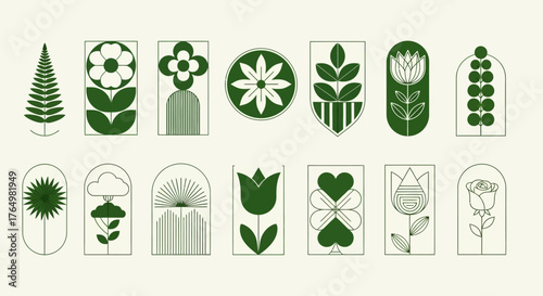 A collection of modern minimalist botanical icons featuring geometric flowers, plants, and nature symbols in a clean line art style