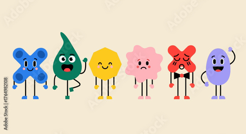 Playful collection of diverse geometric cartoon characters showcasing a spectrum of emotions from happy to sad on a neutral background