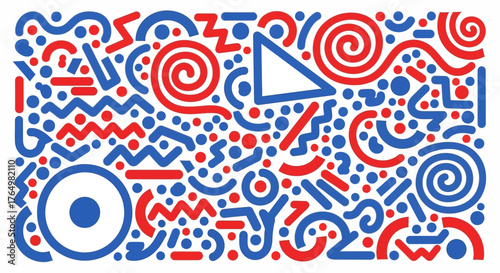 Dynamic abstract composition of retro 80s geometric shapes featuring a vibrant pattern of red and blue doodles and spirals