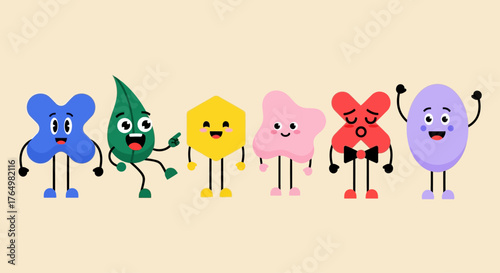 Dynamic ensemble of animated geometric and abstract shape mascots expressing a spectrum of emotions from joy to grumpiness