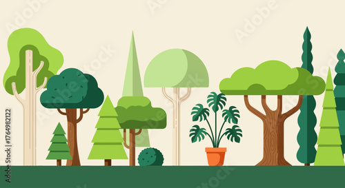 Stylized graphic forest scene with various green trees and a monstera houseplant in a pot. Minimalist vector landscape for nature or ecology concepts