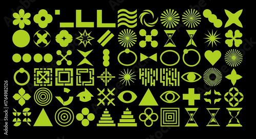 Vibrant lime green universal icon pack featuring diverse geometric shapes, abstract symbols, and modern digital brutalist design elements