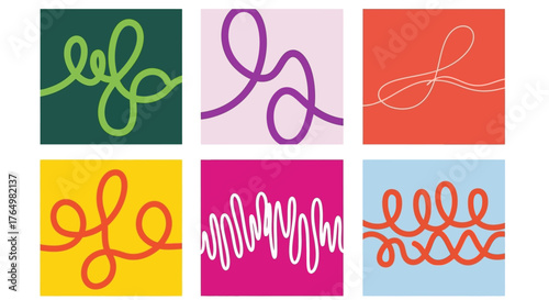 A modern vector collection of abstract continuous line art icons, featuring whimsical squiggles, loops, and swirls on colorful backgrounds