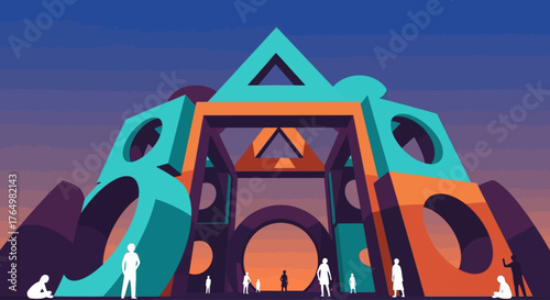 A striking flat design illustration of a large-scale abstract art installation at Wonderfruit Festival, presented with geometric forms and a vibrant limited color palette. 