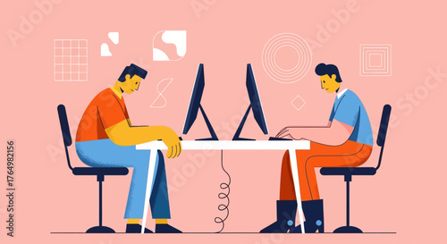 Vector art showing the contrast between an energetic, successful employee and a fatigued, stressed coworker in a modern office setting