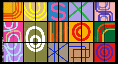 A vibrant grid collection of abstract geometric shapes and symbols, showcasing a bold and modern generative art style