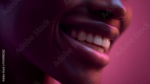 Bright teeth and parted lips evoke clarity, ritual, and editorial depth in emotional storytelling. Pink-purple glow and skin texture highlight warmth, joy, and expressive presence.