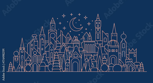 Conceptual line art of a magical fantasy city skyline, a whimsical architectural vector glowing under a starry night sky