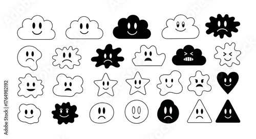 A versatile set of monochrome retro cartoon characters and abstract geometric shapes with expressive emoticon faces for modern design