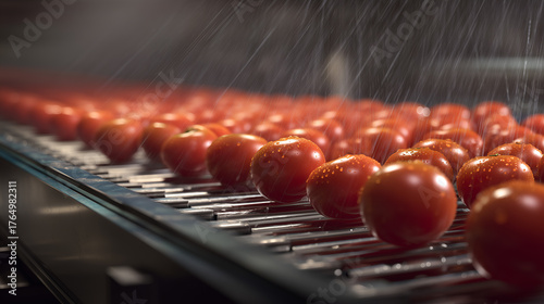 Sprayed droplets and aligned produce evoke clarity, ritual, and editorial depth in agricultural storytelling. Metal rollers and misty motion highlight hygiene, rhythm, and post-harvest care.