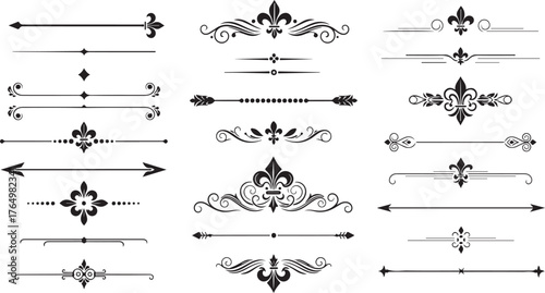 Royal lily decorative borders. Elegant fleur-de-lis frame dividers with vintage ornamental flourish design for labels, certificates, or diplomas. Vector illustration.eps