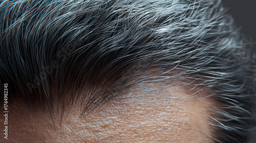 Strand contrast and scalp texture evoke clarity, ritual, and editorial depth in aging and dermatology storytelling. Gray streaks and skin detail highlight realism, transition, and care.