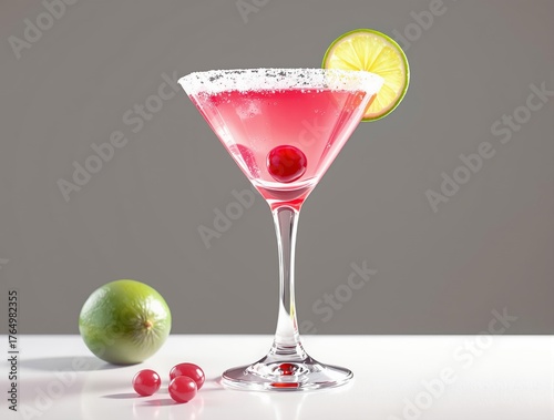 Vibrant Cosmopolitan Cocktail with Lime Garnish and Sugar Rim. Drink, Alcohol, Beverage.
