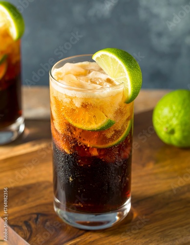 Classic Cuba Libre Cocktail with Fresh Lime and Ice. Drink, Alcohol, Bar, Beverage. Rum, Tropical