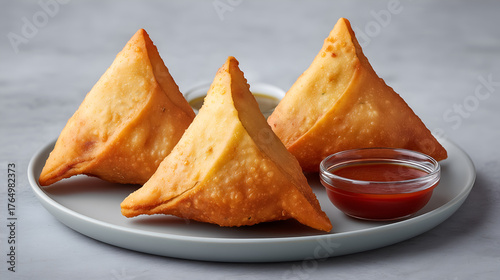 Crisp folds and warm tones evoke clarity, ritual, and editorial depth in culinary storytelling. Triangular symmetry and red sauce highlight contrast, flavor, and snack rhythm.