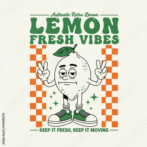 A groovy 70s inspired cartoon lemon character with a chill attitude and sneakers, flashing peace signs for a fresh vibe