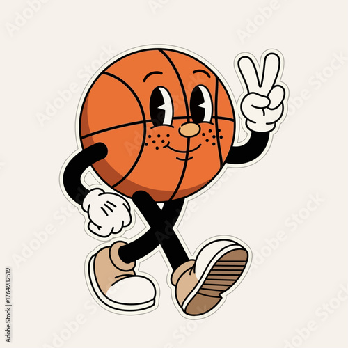A cheerful walking basketball character mascot with a happy face, making a peace sign gesture in a groovy retro cartoon style illustration