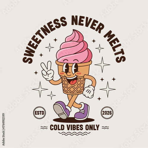 A fun retro cartoon ice cream cone mascot with a smiling face and a peace sign. This vintage character illustration is perfect for a sweet dessert brand design