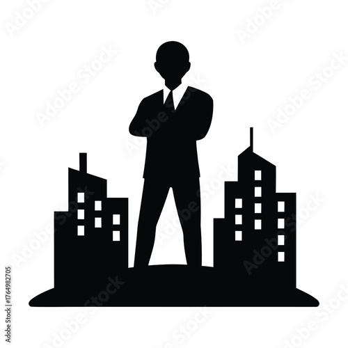 Silhouette of business man standing tall in city skyline vector illustration for leadership concept