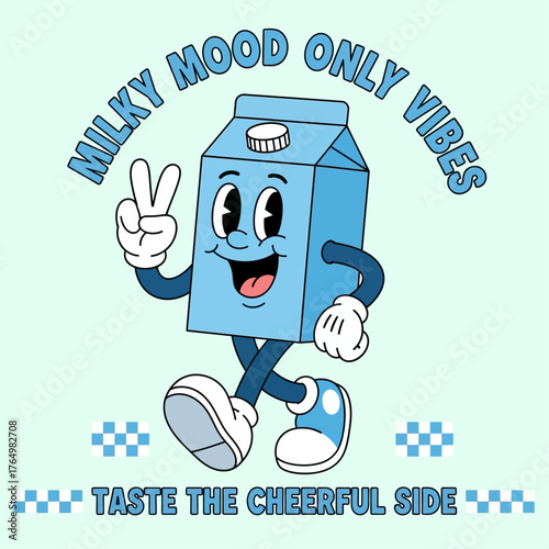 Playful and positive cartoon illustration of a walking milk carton character. Retro mascot design with a happy expression and a peace gesture