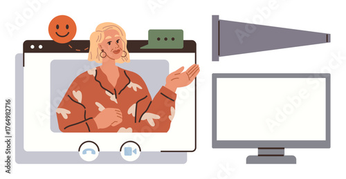 Woman speaking in virtual meeting video call interface with emotions, chat, and monitor. Ideal for communication, remote work, education, online learning, teamwork, innovation simple flat metaphor