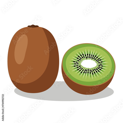 Fresh ripe whole and sliced kiwi fruit vector illustration, a healthy exotic food with green pulp and black seeds in a flat design