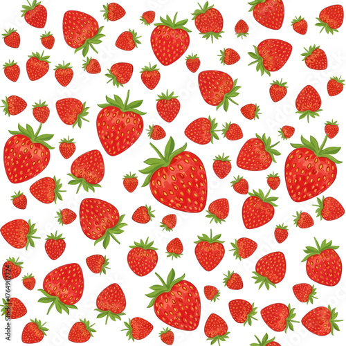 Seamless pattern of fresh red strawberries with green leaves scattered on a white background, a detailed vector illustration