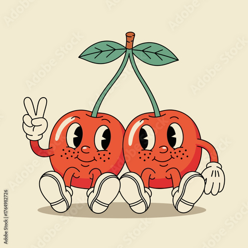 Two cheerful retro cartoon cherry characters sitting together, one making a peace sign. A cute and friendly fruit mascot vector illustration