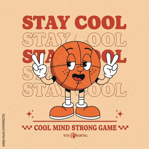 Retro cartoon basketball mascot with a cool expression making peace signs, groovy vintage character vector illustration for sports apparel design