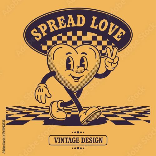 Retro cartoon heart character with a peace sign gesture. A walking vintage mascot illustration on a checkered floor in a groovy 1930s animation style