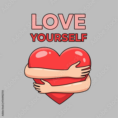 Cute cartoon graphic promoting mental wellness and self-acceptance with a hugging heart and positive affirmation
