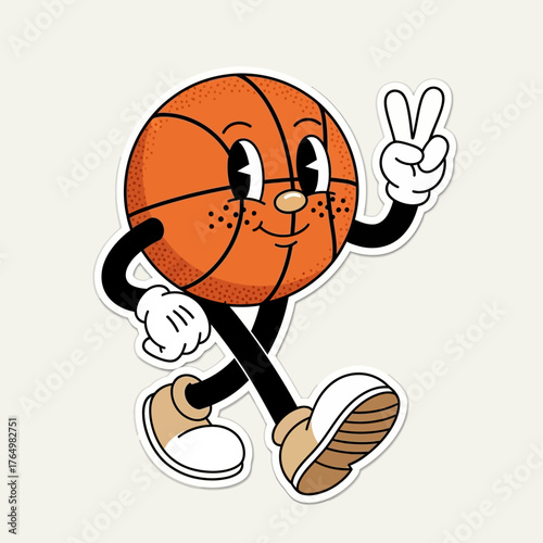 A walking basketball character in a groovy retro cartoon style, cheerfully making a peace sign gesture with a gloved hand
