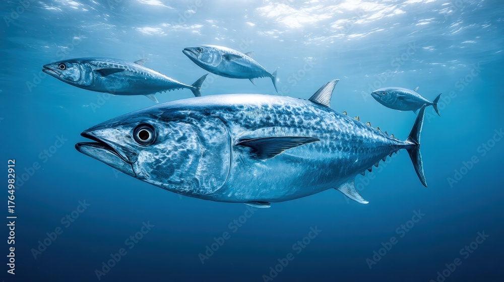 Naklejka premium Tuna fish swimming gracefully underwater in the deep blue ocean.