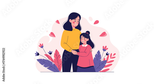 Mother and Daughter Embracing in a Floral Setting.