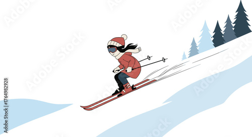 Girl Skiing Down a Snowy Mountain Slope.
