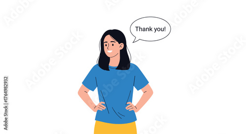 Woman saying thank you with hands on hips.