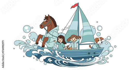 Children, Horse, and Dog Sailing on a Boat Illustration.