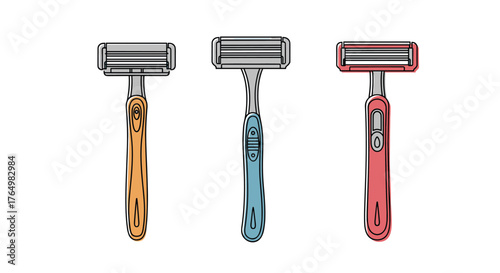 Three razors with different colored handles on a white background.
