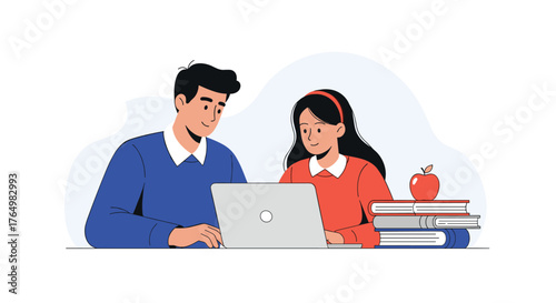 Father and Daughter Learning Together with Laptop.