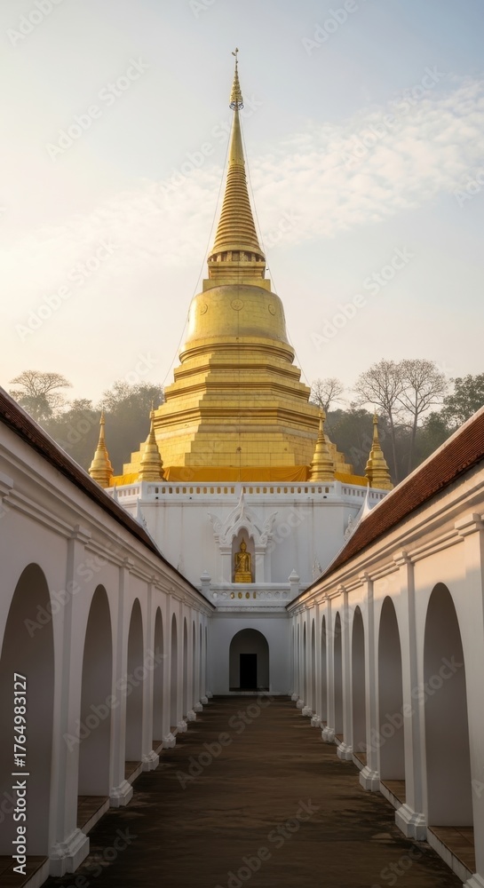Naklejka premium Golden stupa sunrise temple grounds architecture serene environment captivating view