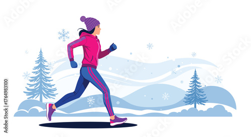 Winter Run - Woman Jogging in Snowy Landscape Illustration.