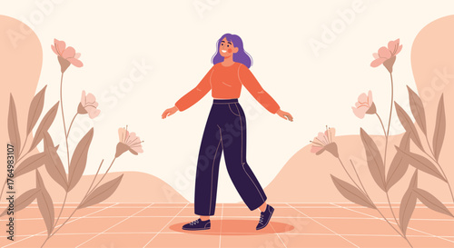 Woman Walking in a Garden with Flowers.