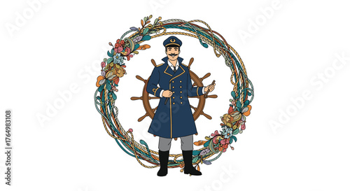 Captain with Ship Wheel and Floral Wreath Illustration.