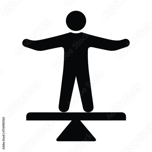 Balance and equilibrium concept showing a person standing on a seesaw for stability skill