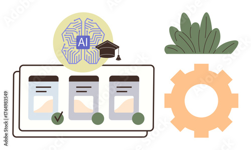 AI brain with graduation cap, checklist cards, gear, and leaves represent learning, automation, and eco-awareness. Ideal for technology, education, productivity innovation eco-friendly ideas AI