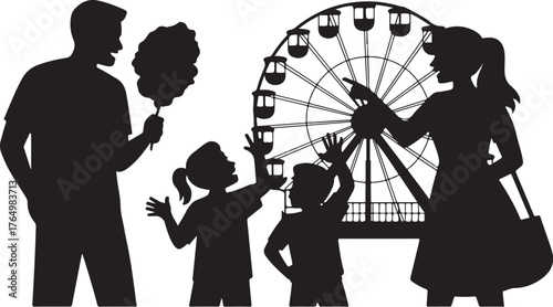 Black silhouette family with cotton candy and Ferris wheel at amusement park father mother