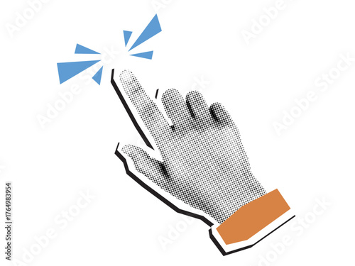 Retro halftone collage of hand touching button, symbolizing click, choice, digital action, technology, and user interface concept